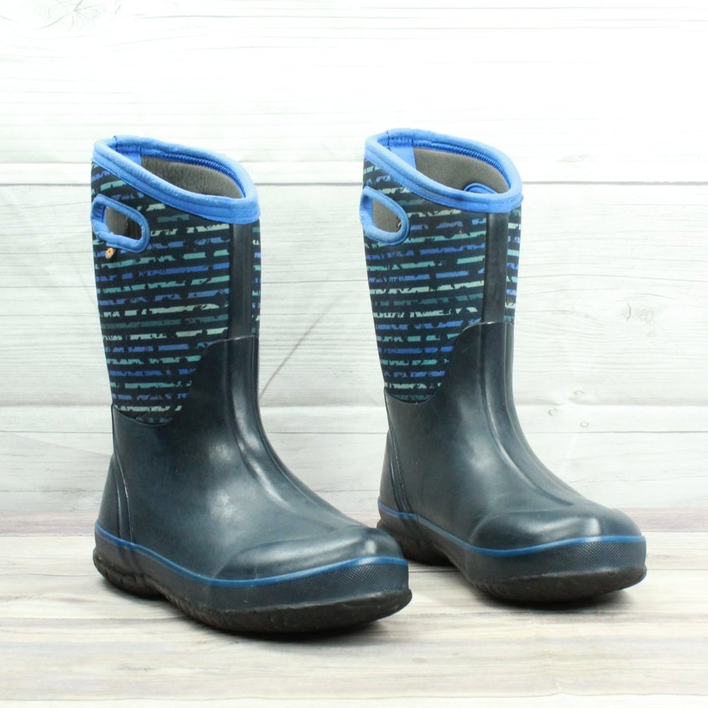 BOGS Boys K Classic Black Blue Stripe Waterproof Pull On Rain Boots Size 6 / 39 - Picture 3 of 9